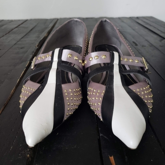 Zara Woman Pointed Toe Ballerina Flats Kitten Heel Grey White Black Gold Studs - Picture 2 of 12